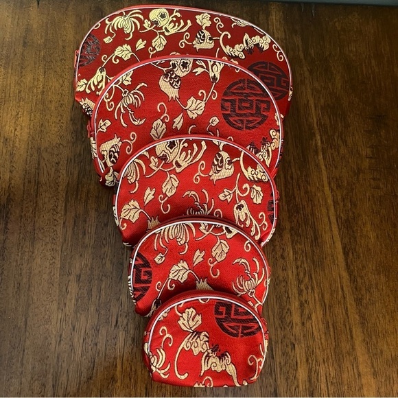 Red Faux Silk Floral Makeup
Bag Travel Clutch Asian Chinoiserie Set Of 5 NEW - Picture 4 of 11